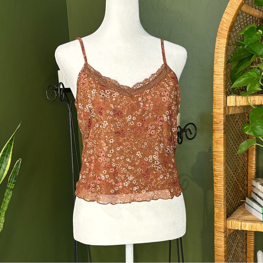 Just Polly Warm Brown Lace Trim Stretchy Floral Mesh Vneck Double Layer Tank Top